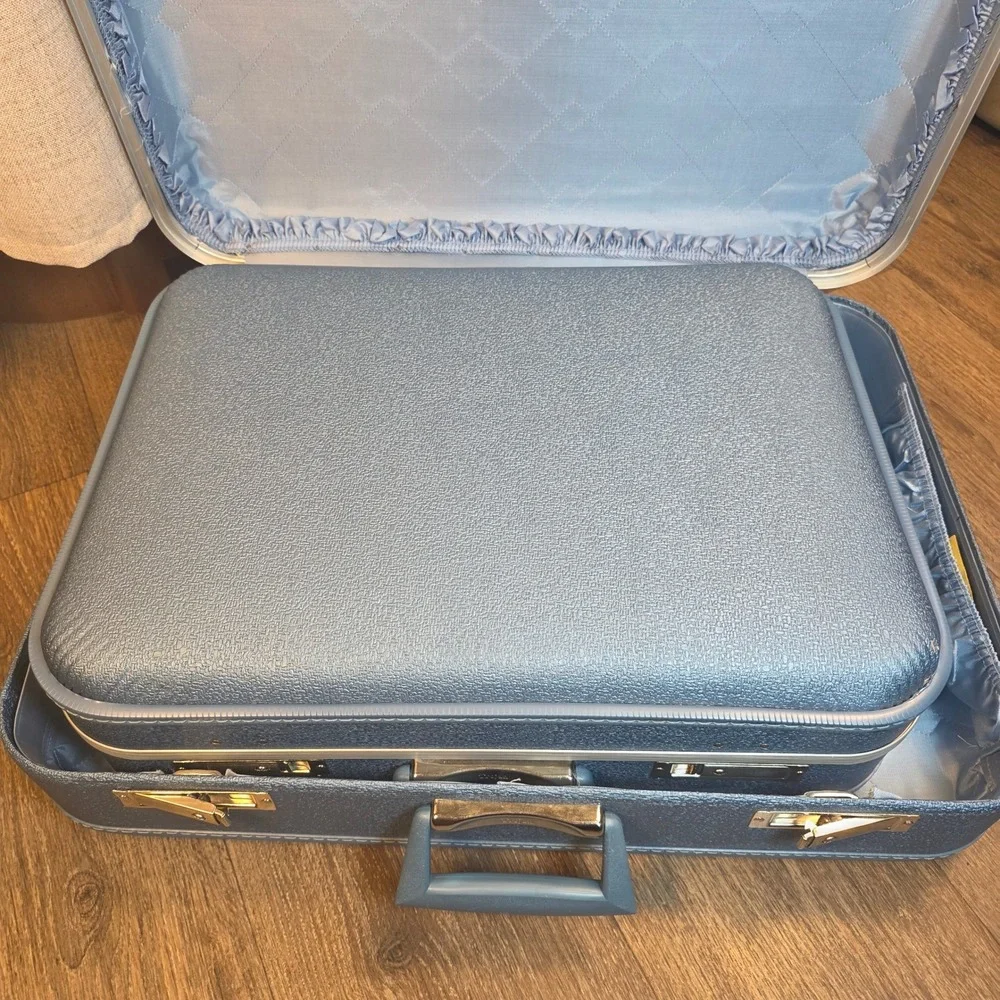 Vintage‎ Trojan Hard Shell Suitcase Set Metallic Blue Mid Century Modern Luggage